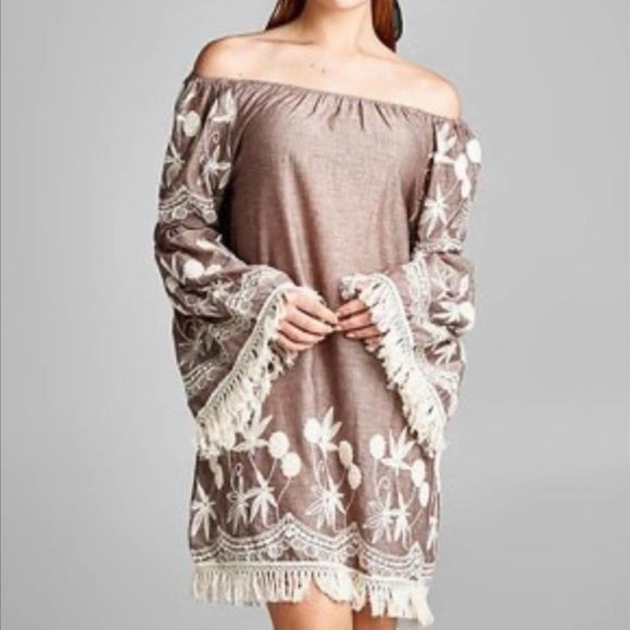 Indigo Soul Brown Off-Shoulder Dress with Cream Embroidery - Picture 1 of 14